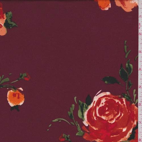 Burgundy Rose Floral Jersey Knit Fabric