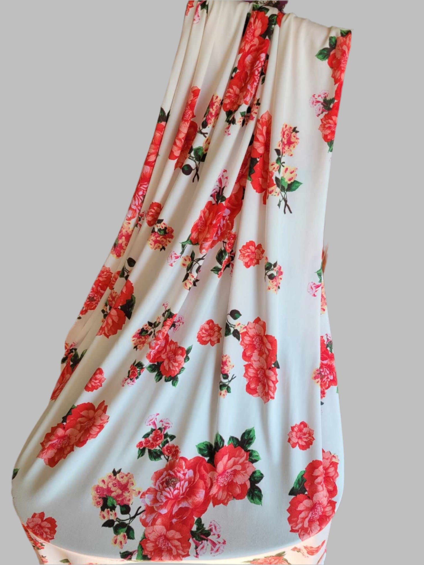 Ivory/Coral Red Floral Activewear Knit Fabric